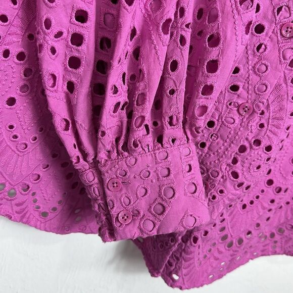 Chicos Cotton Fuschia Eyelet Billow-Sleeve Button Front Blouse Top Size 12 - Picture 4 of 9